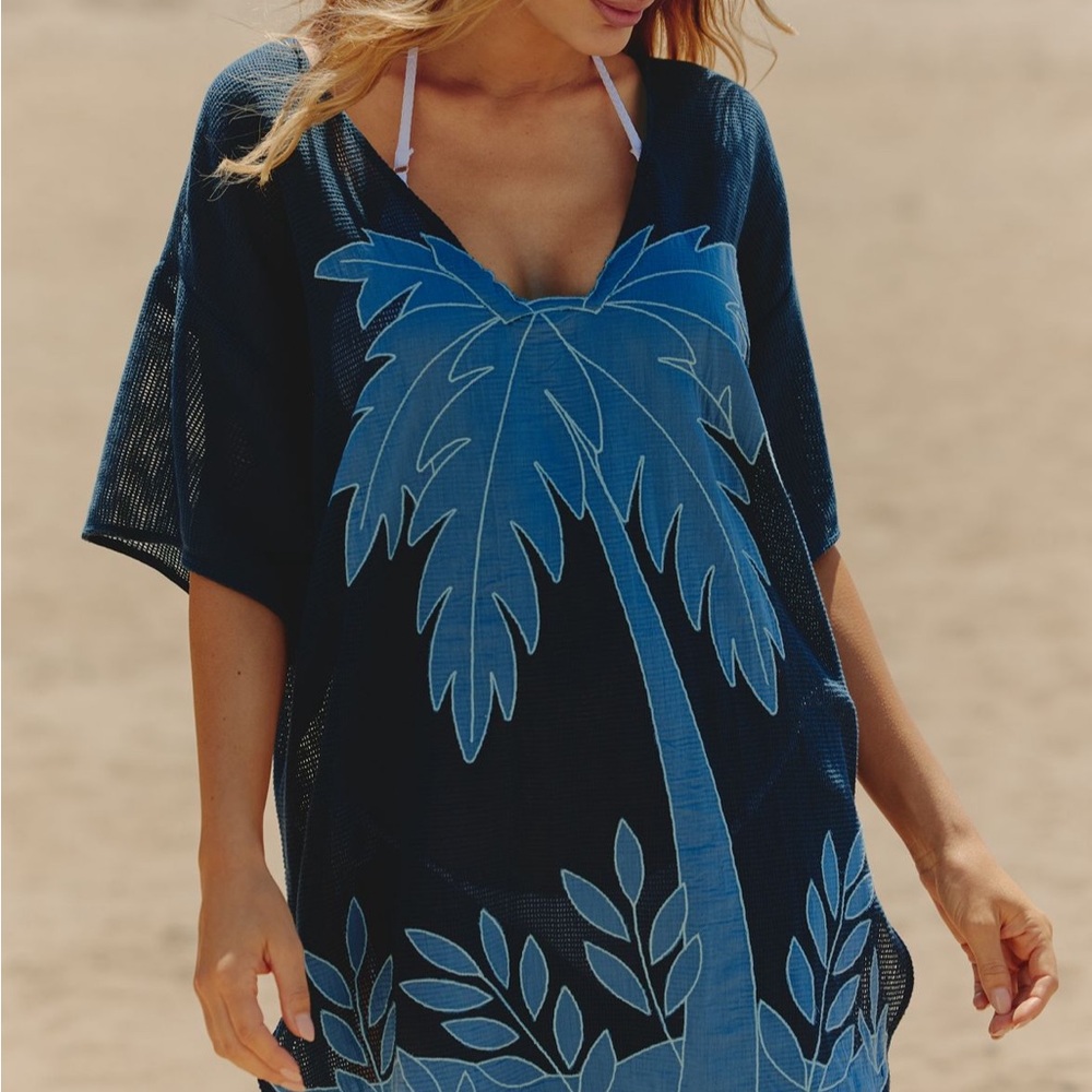 Anthropologie Navy and Sky Blue Palm Cover-Up